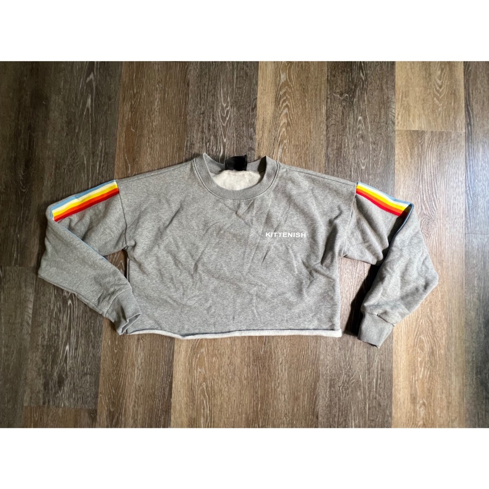 Kittenish Sweatshirt Women Small Gray Rainbow Stripe Cropped Raw Hem Pullover